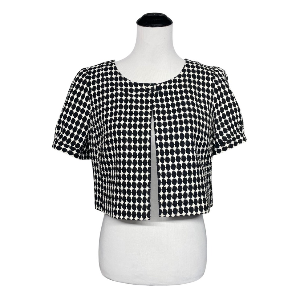 LOFT Ann Taylor Cropped Bolero Jacket Women 8 Black White Wool Blend Bubble Knit